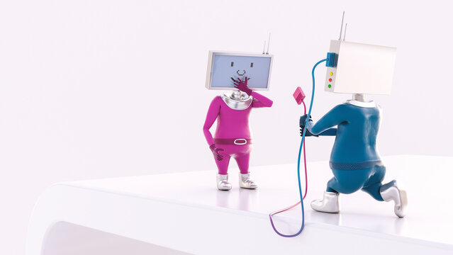 Monitor-headed manikin proposing to female manikin