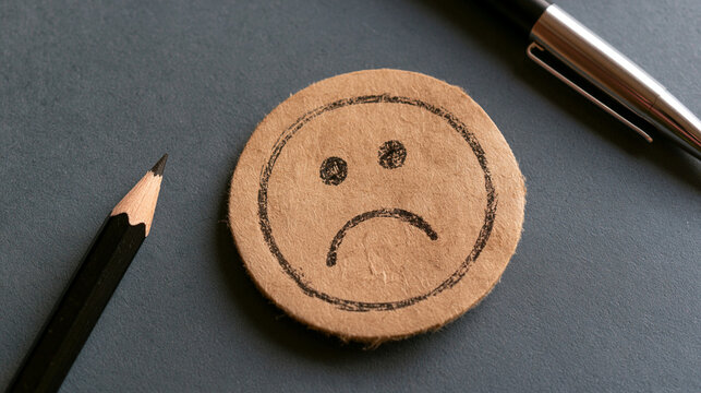 Sad smiley face drawn on wooden token with pencils negative depression melancholy expression conceptual psychology pessimism disappointment sorrowful reaction