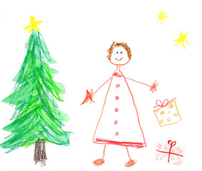 A childrens drawing shows a cheerful girl with a Christmas tree