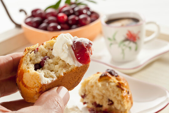 Senior man holding Cranberry scones with wipped cream, cup of coffee in background