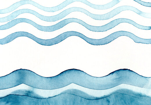 Abstract blue watercolor waves frame a central copy space