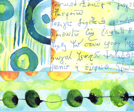Abstract watercolor painting shows enigmatic medieval asemic writing