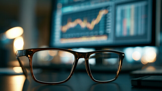 Closeup of eyeglasses on a desk with a blurred computer monitor displaying financial stock market charts in the background