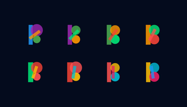 A collection of eight colorful letter B logos using abstract geometric shapes