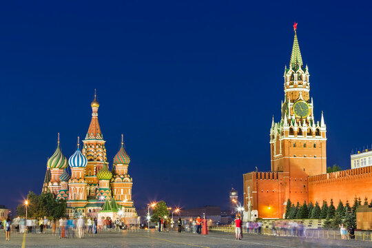 Russia, Central Russia, Moscow, Red Square, Saint Basil's Cathedral Kremlin wall and Spasskaya Tower in the evening