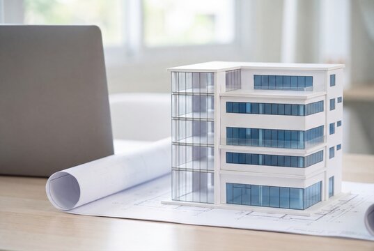 Architectural model of a modern office building on a desk with blueprints