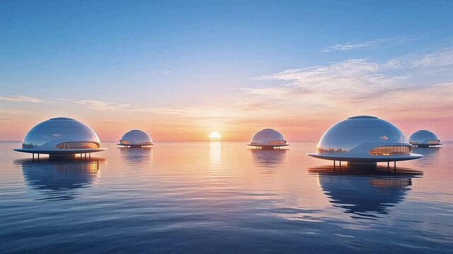 Futuristic floating dome structures at sunset