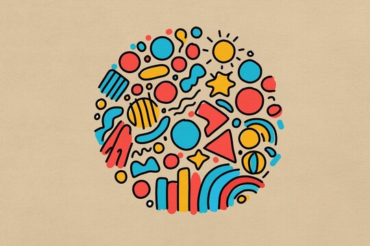 A colorful doodle composition forms a circle on a beige background