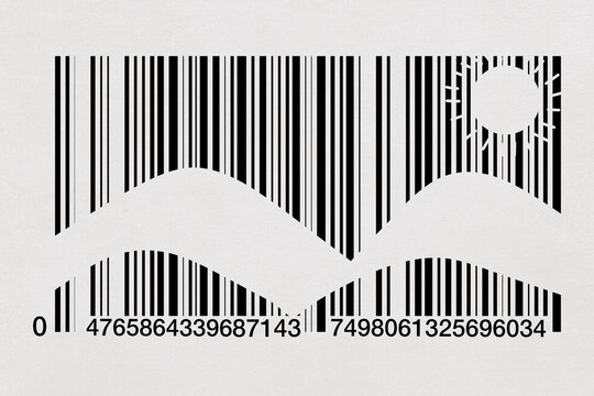 A barcode illustration forms a nature landscape in negative space