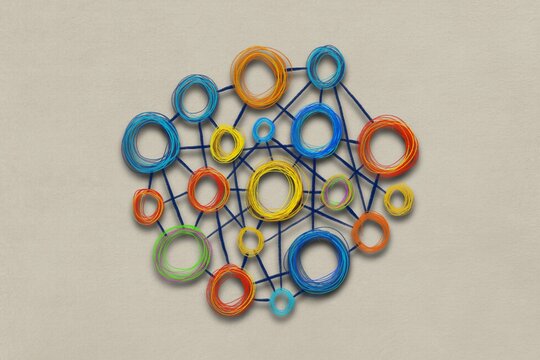 Colorful drawn circles form an abstract network of connections