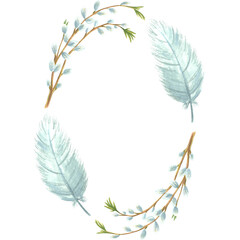 A watercolor frame made of willow and bird feathers. © Olga