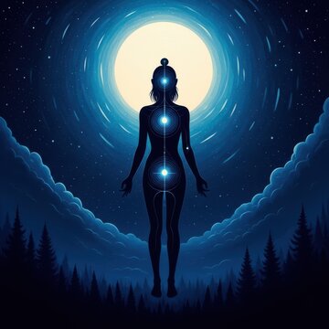 Spiritual meditation silhouette under full moon, astral projection and chakra healing concept, cosmic energy in night sky