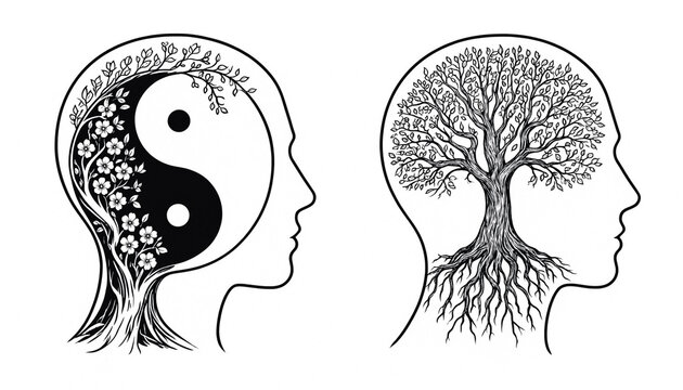 Silhouette profiles with Yin Yang and tree of life within head contours symbolizing balance and growth during contemplation