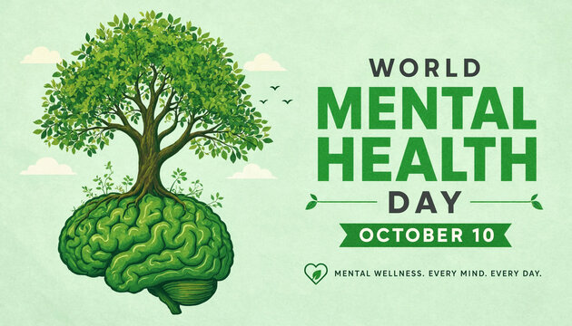World Mental Health Day concept with tree growing from brain illustration against light green background