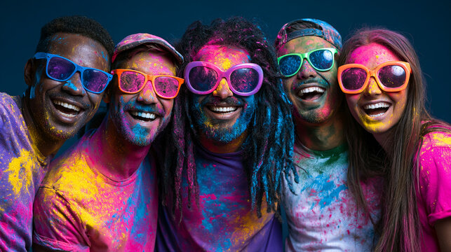 Group of happy diverse friends covered in colorful holi powder celebrating together