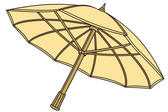 Elegant beige parasol vector illustration featuring a classic design with wooden structural ribs and a smooth minimalist fabric sun canopy