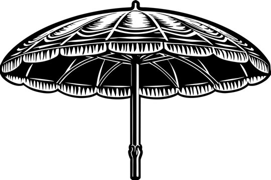 Detailed black and white vector illustration of a traditional parasol sunshade featuring intricate carved wooden patterns and elegant decorative trim