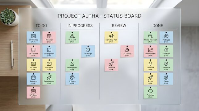 Project status board displaying colorful task cards across progress stages, illustrating project management, workflow, teamwork, planning, productivity, organization and deadlines.
