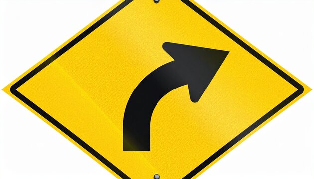 Yellow diamond traffic sign, bold black arrow curving right, symbolizing caution, direction, safety, awareness.