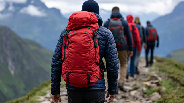 Group of trekkers with backpacks hiking on a mountain trail, exploring nature and enjoying an outdoor adventure, traversing rugged terrain with scenic views