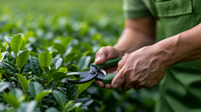 Hands of a worker carefully pruning fresh green tea leaves with secateurs on a tea plantation, tending to new growth for a healthy harvest, copy space
