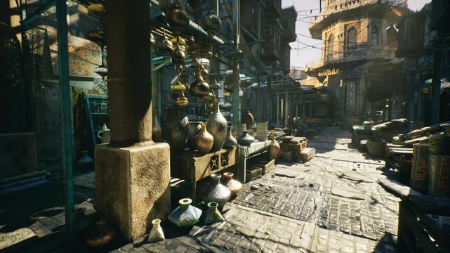 Sundrenched Egyptian market street scene showing wide lane of brass wares and antique shops, layered balconies and weathered facades, scattered sunlight
