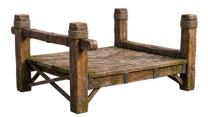 Fototapeta premium Rustic wooden pier with thick rope wrapped around posts, worn boards and supporting beams displayed isolated on a white background png