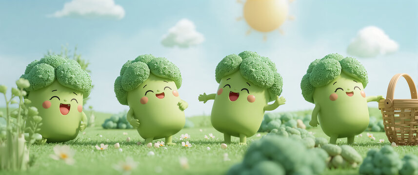 Cute cartoon broccoli vegetable in the field