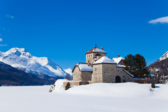 Switzerland, View of Crap da Sass castle near Silvaplana