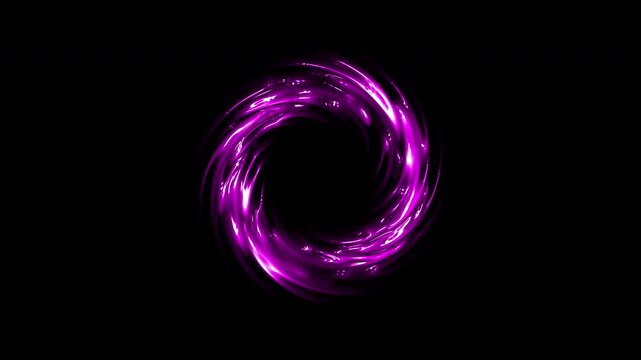 Deep magenta and violet neon light wraps into a glossy swirling ring, with radiant purple glow and gleaming reflections tracing a fluid circular vortex. Bold neon energy on seamless loop. Looped.