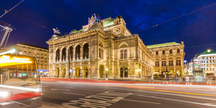 Austria, Vienna, state opera, ring road, tram at night