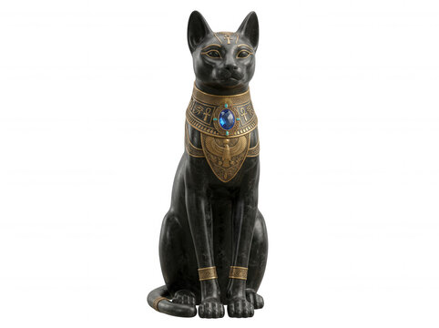 Black cat statue adorned with gold jewelry isolated on a transparent background