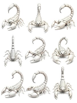 "Minimalist 3D render set of bone-white scorpions isolated on a bright background, perfect for futuristic and dark fantasy concepts."