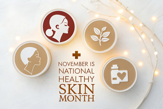 National healthy skin month concept with icons skincare dermatology wellness