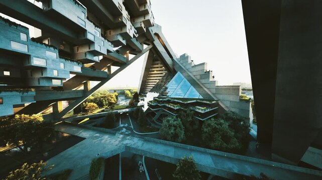 Symmetrical concrete frame showcasing central pyramid, balanced composition with mirrored terraces, soft morning light, fountain basin at focal point, cityscape