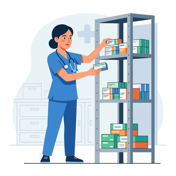 Nurse Organizing Medicine Stock in Pharmacy Shelving Unit, Healthcare and Pharmaceutical Concept