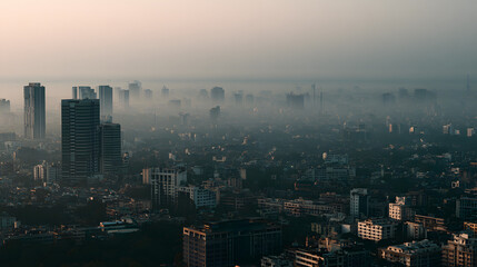 Fototapeta premium Aerial View of a City Shrouded in Haze with Expansive Negative Space and Urban Landscape