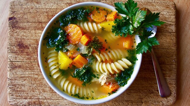 Hearty pasta soup filled with vegetables and herbs is served in a bowl on a wooden board.
