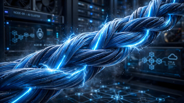 Glowing blue fiber cables with electric energy in a futuristic data center, symbolizing fast data transfer and digital connectivity.