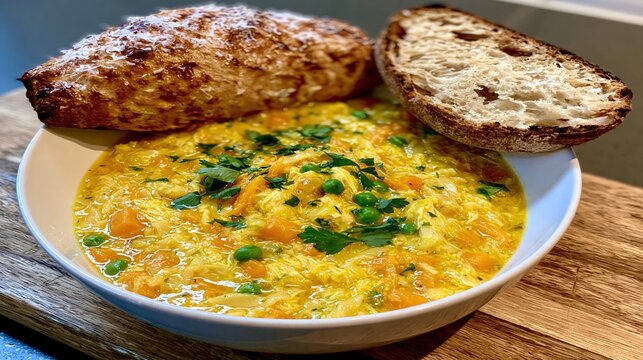 Hearty chicken soup with bread sits on a wooden board.