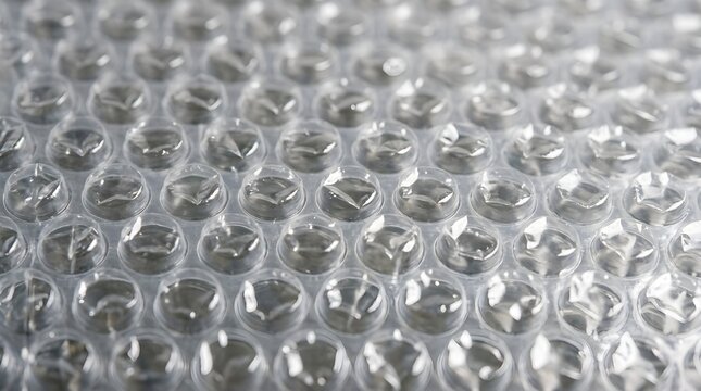 Close-up of translucent bubble wrap packaging material with air-filled bubbles. Protective packaging, shipping and storage protection, cushioning material, eco and safe packing supply.