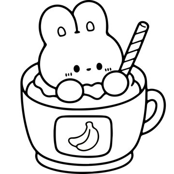 Cute Bunny in a Pink Cup of Pudding Doodle Handdrawn