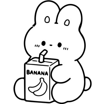Cute Bunny Drinking Banana Juice Box Doodle Handdrawn