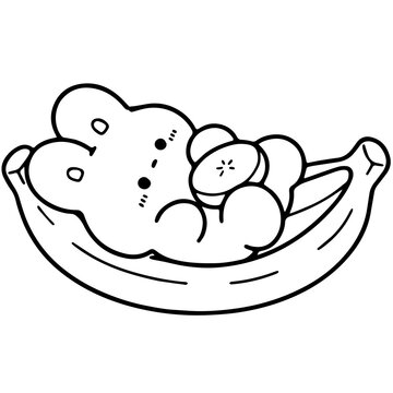 Cute Cartoon Bunny Relaxing on a Banana Doodle Handdrawn