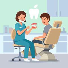 Fototapeta premium Dentist explaining dental hygiene to a patient using a teeth model in a modern clinic, flat vector illustration.