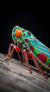 Macro shot of a vibrantly colored insect with large orange eyes, its intricate patterns symbolizing nature's artistry.
