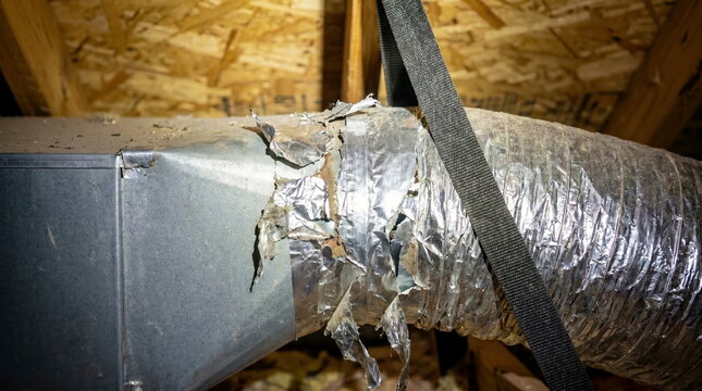 HVAC ductwork with torn insulation and deteriorating flexible duct in dusty residential attic, home inspection and repair concept.