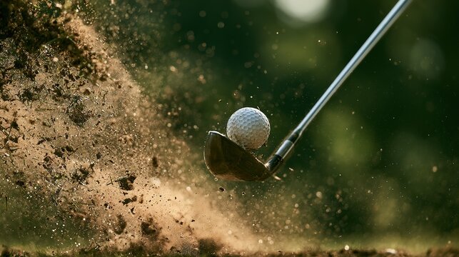 Action close‑up of golf swing at impact moment, dimpled white golf ball against dark clubhead, flying dirt grass clippings splash, diagonal silver shaft, soft blurred green foliage background