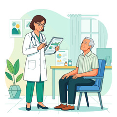 Fototapeta premium Doctor consulting senior patient in clinic with medical chart and graphs, flat illustration style.