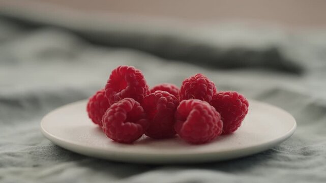 Slow motion man hand put fresh ripe raspberries on a white saucer